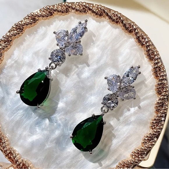Teardrop Emerald & Diamond Drop Earrings - Picture 1 of 8